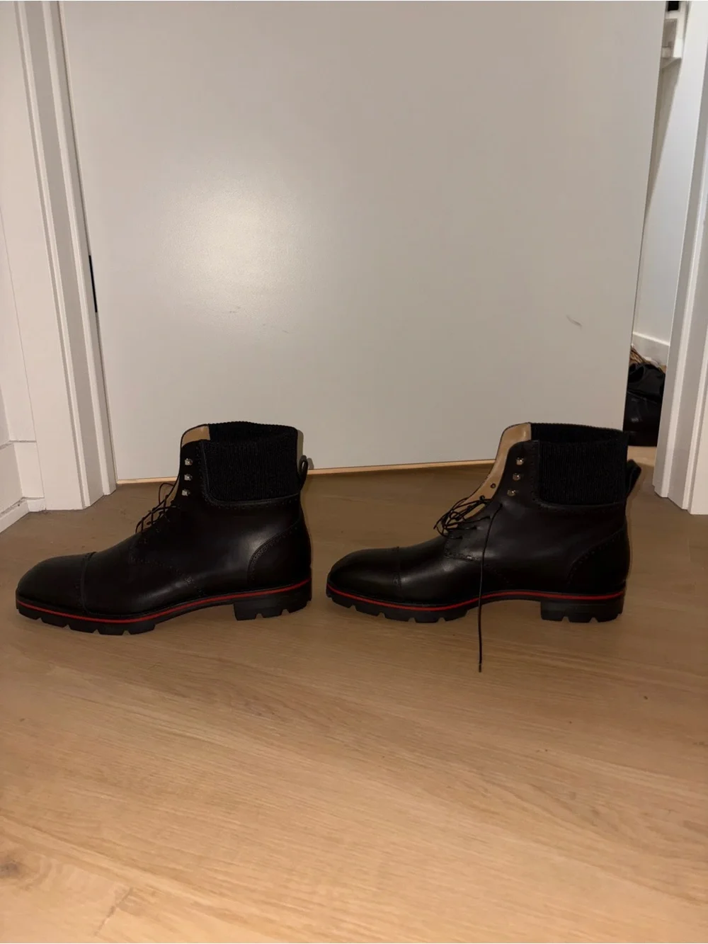 Christian Louboutin Black Leather Lace-Up Ankle Boots with Red Trim